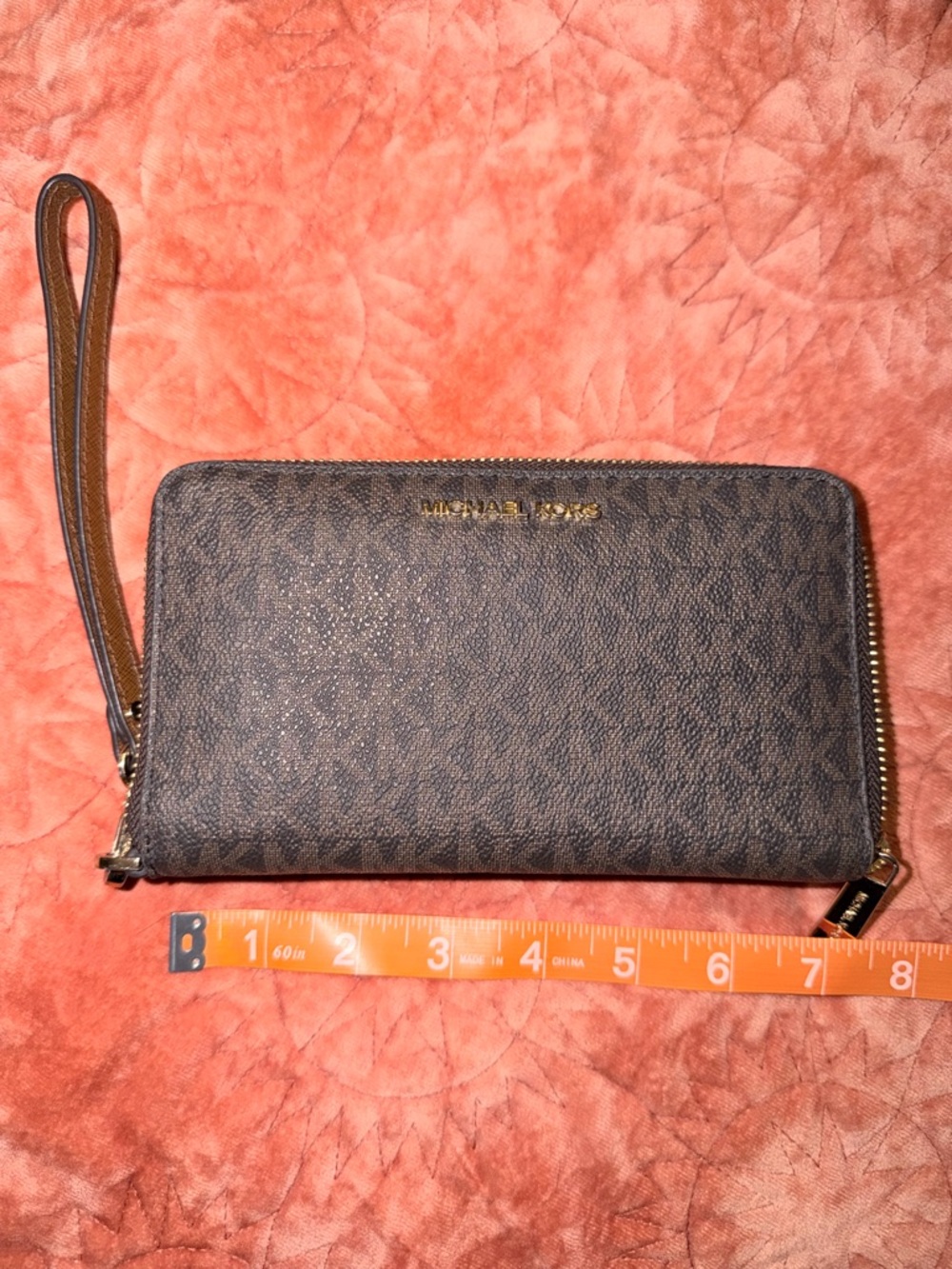 Michael Kors Brown Monogram Wristlet Wallet with Gold Hardware